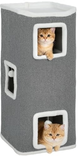 PawHut Kratztonne 100 cm Hoch 41 x 41 cm Vierstöckig für 1-2 Katzen Grau | Katzentonne, mit Spielball, Plüschrand, Katzenhöhle, Kratzbaum, unter 7kg