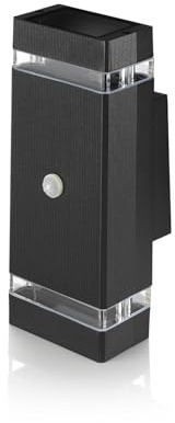 Auraglow PIR Double Up and Down Security Wall Light Black, No Bulbs | Motion sensor lamp, 8m range, manual override, takes GU10, IP44 weather resistant, for porch, garage and driveway