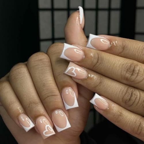 Short Square French Tip False Nails with White Heart Design | 24Pcs Press on Nails Set, 12 Sizes, Glue on Nails for Manicure, For Wedding Party and Events