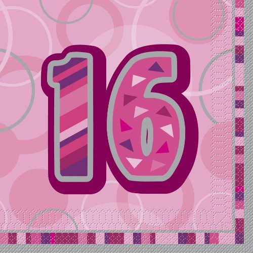 Unique Party 28437 - Glitz Pink 16th Birthday Paper Napkins, Pack of 16