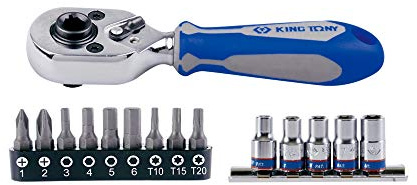 KING TONY 2515MR Mini Ratchet + Bits Y Sockets En Blister for DIYers & professionals, designed for repair and installation tasks, 15 pieces