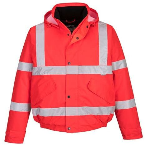 Portwest S463 Men's Hi-Vis Winter Bomber Jacket Waterproof Safety Cold Protection EN342 Certified Reflective Tape Texpel Eco Fabric Multiple Pockets Pack Away Hood, Red, M
