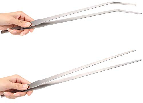 Paquete de 2 pinzas largas de acero inoxidable resistentes de 15 pulgadas, diseño curvado y recto con puntas de agarre antideslizantes, pinzas grandes para alimentación de reptiles, mantenimiento de