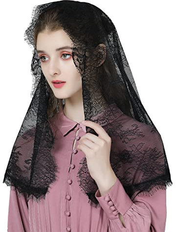 BEAUTELICATE Spitze Mantilla Schal Schleier Tüll Stola Schwarz Blau Für Damen Kirche Messe Kapelle Katholisch Braut V115 (D Form - Schwarz)
