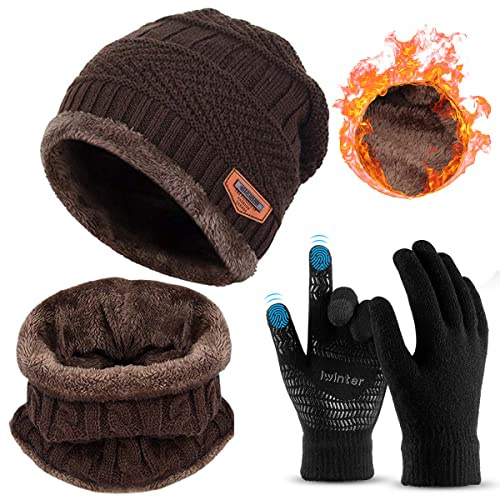 3 Pieces Winter Beanie Hat Scarf Set and Touch Screen Gloves Warm Thick Knit Fleece Lined Skull Cap Gifts for Men Women