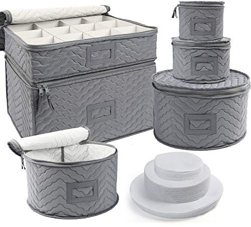 LotFancy China Aufbewahrungsbehälter, gesteppt, 6-teiliges Set, Aufbewahrungsbox, für Porzellan, Stielglas, Geschirr, Geschirraufbewahrungsservice für 12, 48 Stück Filzschoner, Papp-Trennwände im
