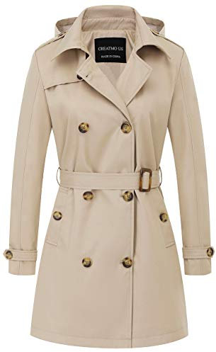 CREATMO US Damen Trenchcoat Zweireiher Klassischer Revers Mantel Gürtel Slim Oberbekleidung Mantel mit Abnehmbarer Kapuze, Khaki, 5XL