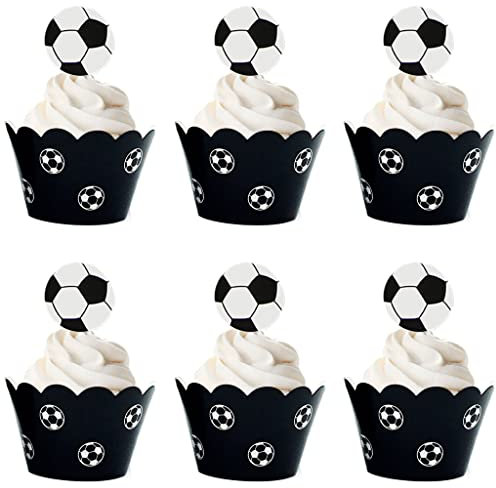 Kawailay 48 Stück Fußball Thema Cupcake Wrapper und Cupcake toppers Fußball Geburtstag Tortendeko Fussball Muffins Deko für Junge Fußball Sportparty Geburtstagsfeier Deko