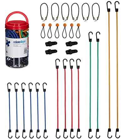 Relaxdays Spanngummi 30er Set, Gepäckspanner mit Haken, Planenclips, Fahrrad, Universal Expander, 6 Größen, Mehrfarbig