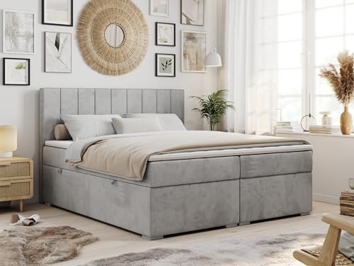 MKS MEBLE Boxspringbett 180x200 Mit 2 Bettkästen, Polsterbett Mit Matratze H4 Topper, Bett Mit Kopfteil - Hellgrau Velvet - H4 - Ally