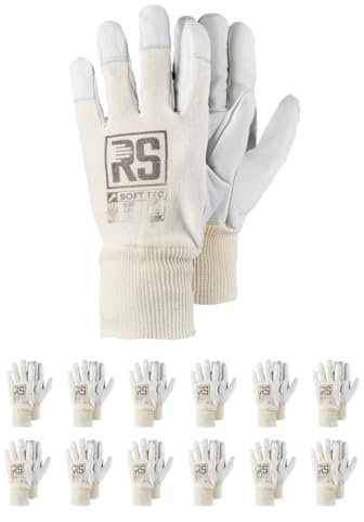 RS Soft TEC 8 Montage-Handschuhe verstärktes Ziegenleder/Größe 8, 12 Paar/Weiß/Montagehandschuhe/Arbeitshandschuhe Leder Herren Damen robuste Lederhandschuhe Schutzhandschuhe