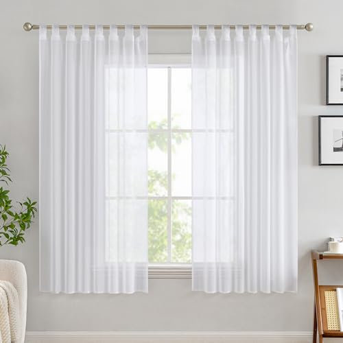 EMEMA Gardinen Transparent Vorhang Set Wohnzimmer Voile Schlaufenschal mit Bleibandabschluß 2er-Pack Wohnzimmer Luftig Dekoschal für Schlafzimmer 140 X 145 cm (B x H) Weiß