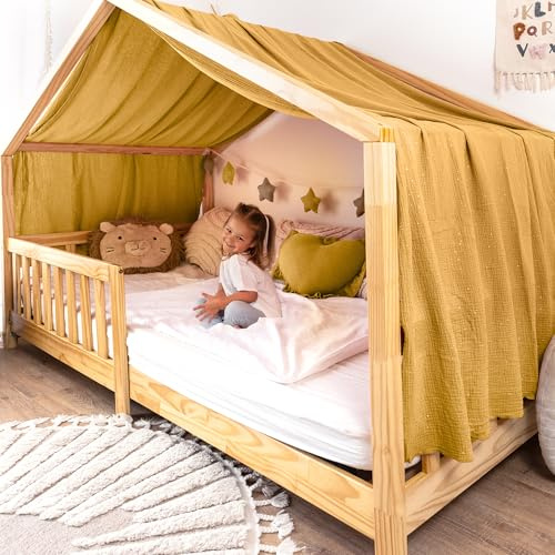lilimaus Hausbett Himmel mit Gold Applikation [in 12 Farben] Betthimmel Hausbett aus 100% Baumwolle Musselin - Stoffhimmel für Hausbett Deko Mädchen & Jungen - Himmel für Hausbett Kinderbett Vorhang