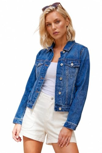 Roman Originals Jean Denim Jacket for Women UK Ladies 100% Cotton Summer Casual Stretch Crop Smart Utility Trucker Biker Fitted Vintage Wash Faded Classic Work Twill - Petite Blue - Size 16