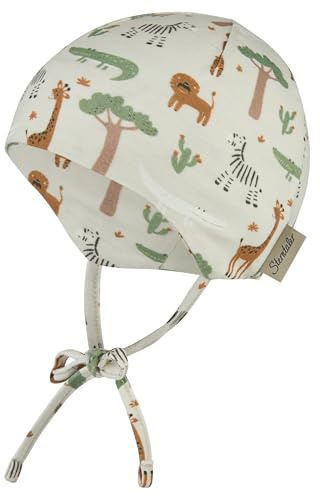 Sterntaler Beanie Safaritiere – Beanie aus Flammgarn-Jersey mit Safaritier-Print, angeschnittene Ohrenklappen, Bindeband, weich und anschmiegsam – Silber, Größe 35