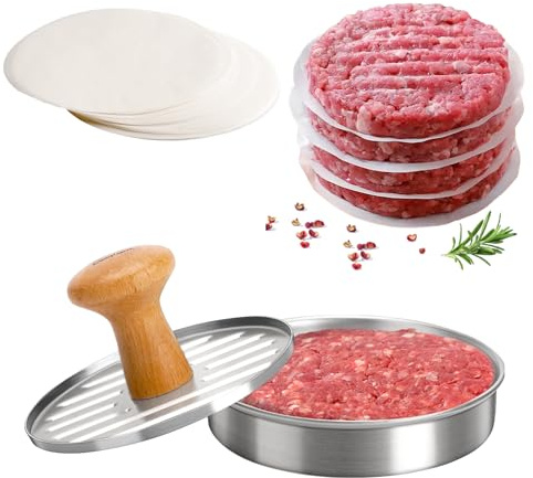 Burgerpresse – Lebensmitteltaugliche Edelstahlpresse mit rutschfestem Holzgriff und 100 Antihaft-Papierbögen – Perfekt für Burger beim Grillen, Braten oder Kochen in der Küche!