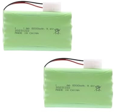 Lot de 2 piles rechargeables 9,6 V 5000 mAh, compatibles avec les jouets radiocommandés (voitures, chars, trains, robots, bateaux, armes, outils). Piles AA haute capacité 9,6 V.