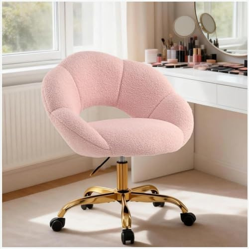 SDXYSTCE Sedia da Scrivania Imbottita e Girevole - Poltrona da Ufficio Comoda con Schienale Floreale - Sedia Moderna per Trucco con Ruote - Oro e Rosa