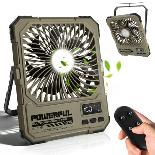 FORMIZON Camping Ventilator mit Licht, 20000mAh USB Ventilator Leise 17-85 Std 5 Geschwindigkeiten Akku Tragbarer Ventilator mit Fernbedienung, Display, Haken für Zelt, Outdoor, Reisen, Büro (Grün)