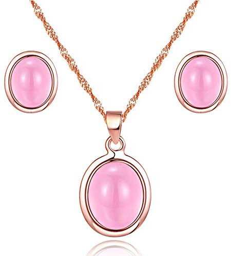 Uloveido Charm Wedding Pink Pendant Necklace and Studs Earrings Set for Women Girls Pink Stone Rose Gold Plated Anniversary Enagegment Jewellery Set for Bridal Women Mom WHB97