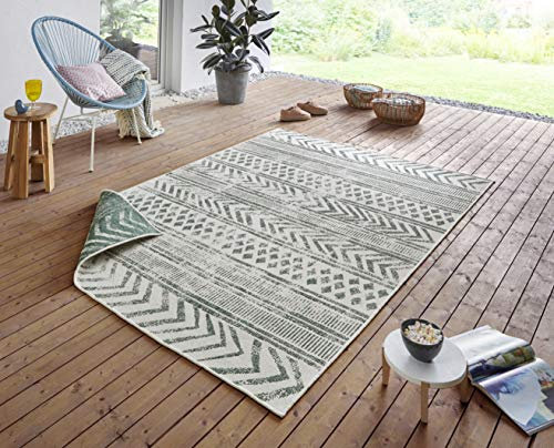 NORTHRUGS In- und Outdoor Teppich Biri 80x150cm - Wendeteppich Wetterfest Boho Style Vintage Design Läufer für Balkon Terrasse Garten Wintergarten Wohnzimmerteppich Wasserfest in Grün Creme