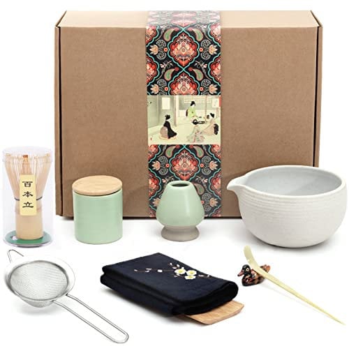 Artcome Japanese Matcha Tea Set, Matcha Bowl with Pouring Spout, Matcha Whisk, Tea Scoop, Ceramic Whisk Holder, Matcha Powder Caddy, Handmade Matcha Ceremony Kit for Japanese Tea Ceremony (9Pcs)