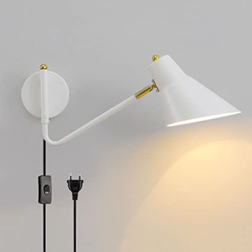 Innen Schwenkbar Wandleuchte mit Schalter Verstellbare Langer Arm Wandlampe mit Stecker Leselampe Wand-Nachttischlampe mit Kabel Metall Sprühfarbe Schirm E27 Wandspots für Schlafzimmer Wohnzimmer,Weiß