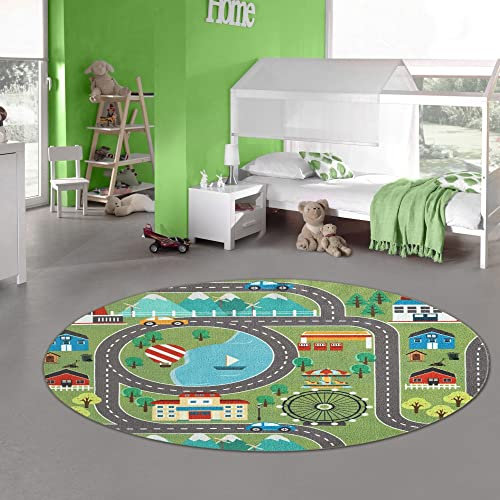 Kinder Spielteppich mit Stadtlandschaft auf Wiese in grün Größe 160 cm Rund