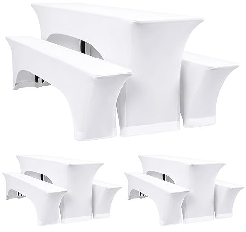 YMHPRIDE DREI 3er-Set Elastische Biertischhussen, weiße Bierbankhusse und Tischdecken, 50 cm Tischbreite, Bierzeltgarnituren 220 x 50 x 70 cm für Gartenbankett-Gartenmöbel.(9 Packungen)