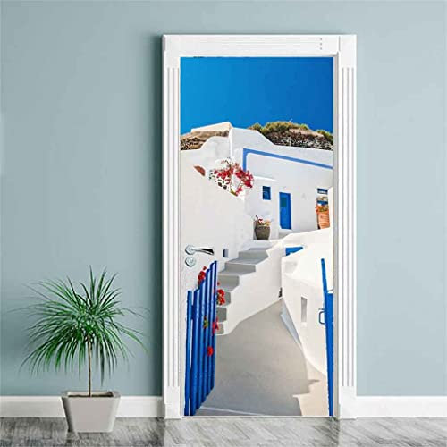 3D Kreative Türaufkleber Weißes Mediterranes Gebäude Türtapete Selbstklebend Türposter - Fototapete 3D Effekt Türfolie Poster Tapete Wandtattoo Diy Selbstklebende Wandbild 90X200 Cm