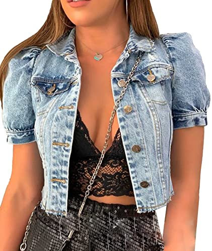ECDAHICC Women's short shoulder jacket, puff sleeves, denim jacket, frayed, slim cropped jeans jacket, distressed button down jeans coat, outerwear, blue, M