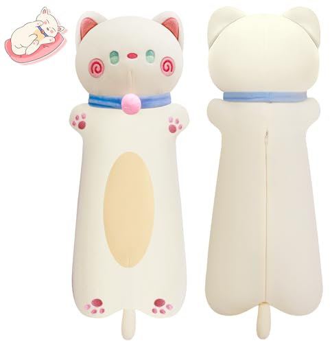 Plüschtier Katze Kissen Lang Kuscheltier Katze Süß Plüschkissen Stofftiere Katzen Kuschelkissen Plush Cat Pillow Spielzeug Dekor für Kinder Weiß 70cm