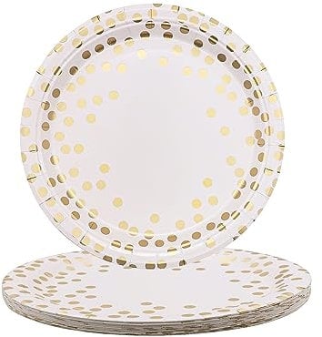 VReder Disposable Small Paper Plates, 7inch White Champagne Gold Dot Paper Plates Party Tableware Dinnerware Disposable Dish Platess for Christmas BBQ Engagement Weddings Birthday Picnics, 25Pcs