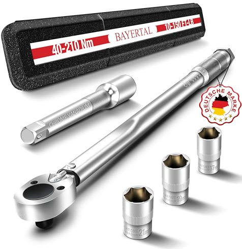 BAYERTAL® Drehmomentschlüssel 1/2 Zoll 40-210Nm für Auto, Lkw & Motorrad - Set 17, 19, 21mm & 125mm Verlängerungsstange - Souveräne Präzisions Reifenwechsel - Erstklassige Premium Radmutternschlüssel