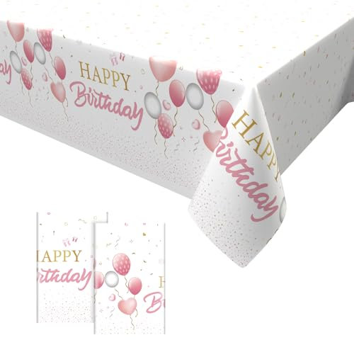2PCS Rosa Weiß Geburtstag Tischdecke,Happy Birthday Tischdecken Rosa Einweg Rechteck Wasserdicht Tischtuch Rosa Party Deko für Mädchen Kindern Babyparty Hochzeit Dekorationen 137 x*274cm