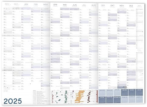XXL Wandkalender 2025 Jahresplaner DIN A1+ 89x63 cm Wandplaner 2025 GEFALZT, Querformat Poster gefaltet Jahreskalender 25, Plakatkalender 16 Mon.: Nov 23 - Feb 25