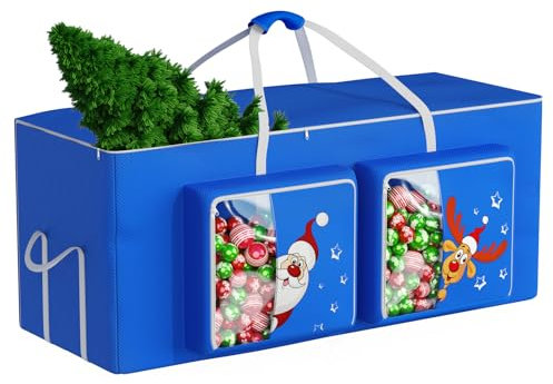 Alupssuc Bolsa de áRbol de Navidad 230cm,Almacenamiento para áRbol Almacenamiento de Bolas NavideñAs, 600d Oxford Resistente Y Duradero,Impermeable, Bolsillo Lateral con Lindo PatróN-Azul