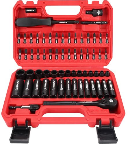 64-Piece Impact Socket Wrench Driver-Bits Set, 1/4 Drive Cr-V Metric&SAE Deep and Shallow Socket Set, S2 Power Bits with Quick-Release Ratchet Handle, Universal Joint, Bit Holder, Power Drill Adapter