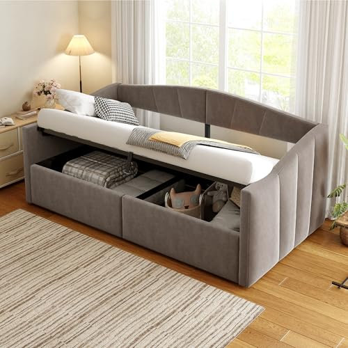 Gxffipw Schlafsofa Tagesbett 90x200 cm mit Hydraulischer Stauraum, Schlafcouch Bettgestell mit Lattenrost und Armlehnen, Sofabett mit Klassisch Gestreift, Samt, Grau, Ohne Matratze