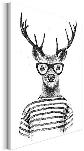 REVOLIO 40x50 cm Leinwandbild Wandbilder Wohnzimmer Modern Kunstdruck Design Wanddekoration Deko Bild auf Leinwand Bilder 1 Teilig - Hirsch Tiere Brille grau weiß