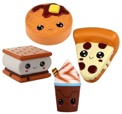 Anboor 4 Pcs Squishies Smore Waffle Cake Pizza Coffee Cup Kawaii Scented Soft Slow Rising Squeeze Stress Relief Kids Toy Valentines Day Gifts Age 3+
