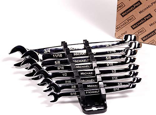 MichaelPro MP001014 8-Piece Combination Spanner Set, Spanners & Wrenches, Imperial Spanners Set, Patented Spiral Grip Design,15 Degree Offset Wrench Set at Open End, SAE Spanner Set for Mechanic