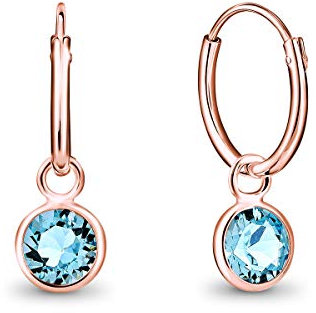 DTPsilver® KLEINE Creolen Ohrringe 925 Sterling Silber Rosen-Gold überzogen mit Swarovski® Elements Kristall Rund - Mädchen - Dicke 1.2 mm - Durchmesser 12 mm - Farbe : Aquamarin