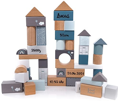 50 Holzbausteine blau mit Aufbewahrungsbox - personalisierbar I Handmade Holzspielzeug ab 2 Jahren I Personalisierte Geschenke Baby I Motorikspielzeug mit Name & Geburtsdaten