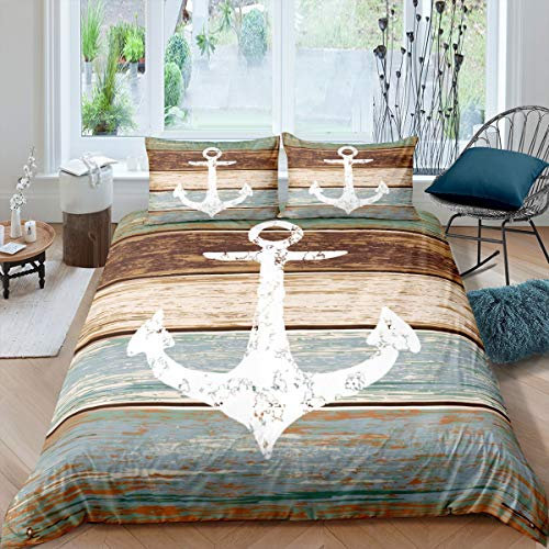 Tbrand Anker Bettbezug Set Nautisches Thema Bettwäsche Set 135x200cm Vintage Timeworn Verwitterte Holzbretter Rustikale Betten Set Gewicht Mit 1 Kissenbezug 2St,Braun
