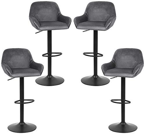 Tabouret de Bar Capitonné Lot de 4 Chaise Bar Pivotante Haute Velours Tabourets Cuisine avec Repose-Pieds, Chaise Haute de Cuisine pour Cuisine/Bar/Comptoir-4PC (Gris foncé)