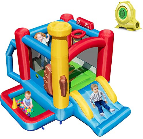 GYMAX Kids Bouncy Castle with 680W Blower, 5 in 1 Inflatable Jumping House with Slide, Ball Pit Area, Basketball Hoop & 50 Ocean Balls, Indoor Outdoor Children Bounce Playhouse for Boys Girls