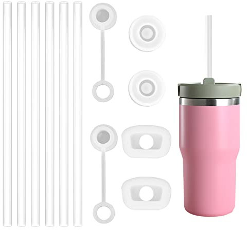SAVITA 6pcs 12 Transparent Straws for Stanley Cup 1.0, Including 2 Drinking Straw Tips, 2 Round Anti-Leak Straw Stoppers, 2 Square Spill Stoppers