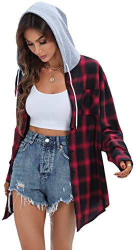 Jhsnjnr Women's Lightweight Flannel Hooded Jackets Oversized Button Up Long Sleeve Checked Shirts Red