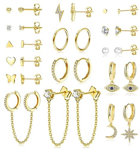 JeweBella 29Pcs Dangle Hoop Earrings for Women Stainless Steel Evil Eye Star Moon Hanging Hoop Earrings Hypoallergenic Gold Chain Hoop Earring Set Mini Pearl Zircon Studs Earrings Gold/Silver